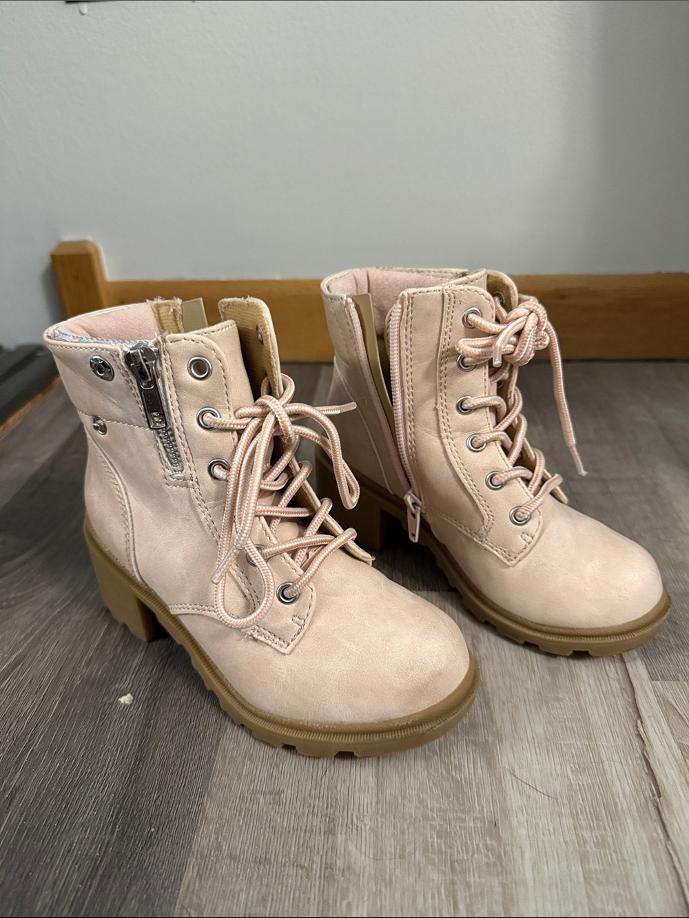 Kid’s Lace-Up Chunky Heel Ankle Boots — Blush Pink